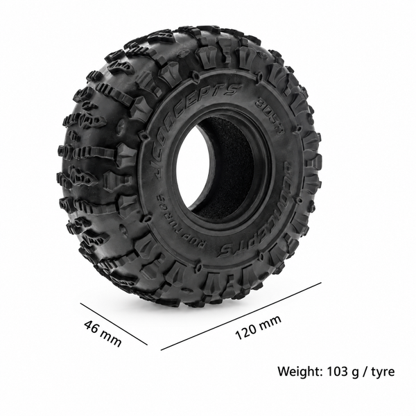 Tread A tyre dimensions — 120mm outside diameter, 46mm width and 103g per tyre