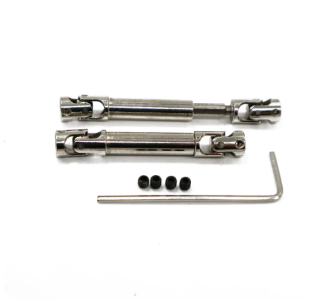 Silver metal front and rear driveshaft set for FMS FCX18 and FCX24, with four grub screws and an Allen key