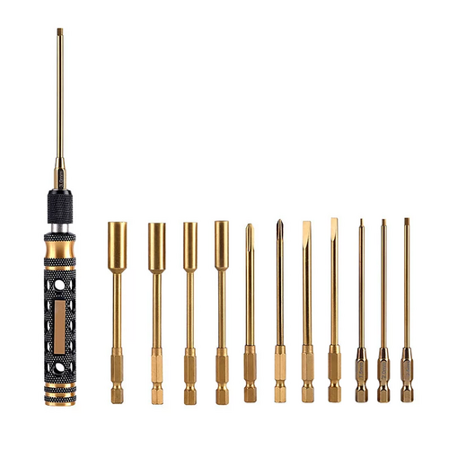 Gold interchangeable RC driver set with one handle, four hex bits, two Phillips bits, two flat bits and four nut-driver bits