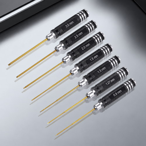 Seven black-handle RC hex drivers with gold-colour tips, shown in an angled arrangement