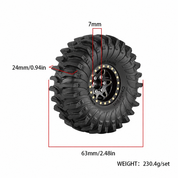 Vendor dimensions: 63mm tyre diameter, 24mm width, 7mm hex