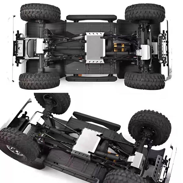 FMS FCX10 K5 Trail CKD stainless steel chassis guard set installed underneath RC crawler