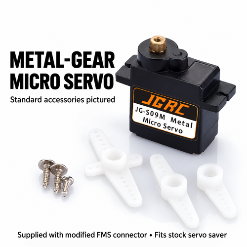 FMS FCX18 and FCX24 servo and standard accessories, with English connector and stock servo saver fitment details