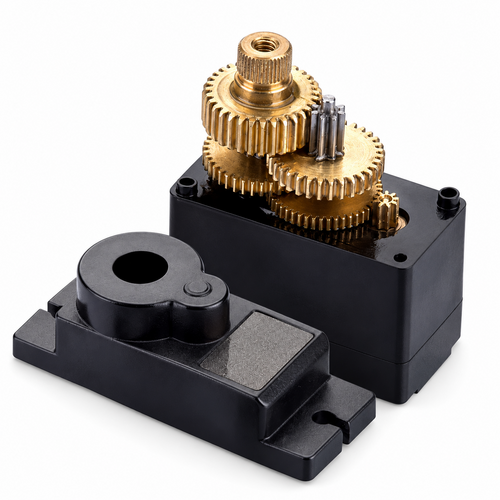 Exposed metal gear train and removed top cover of the FCX18 / FCX24 steering servo
