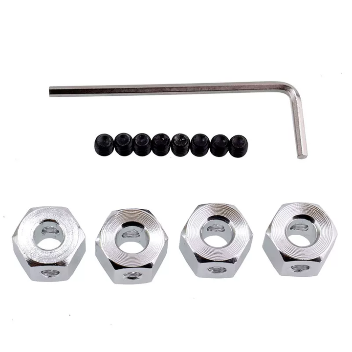 Silver set: four wheel hex adapters, eight grub screws and Allen key