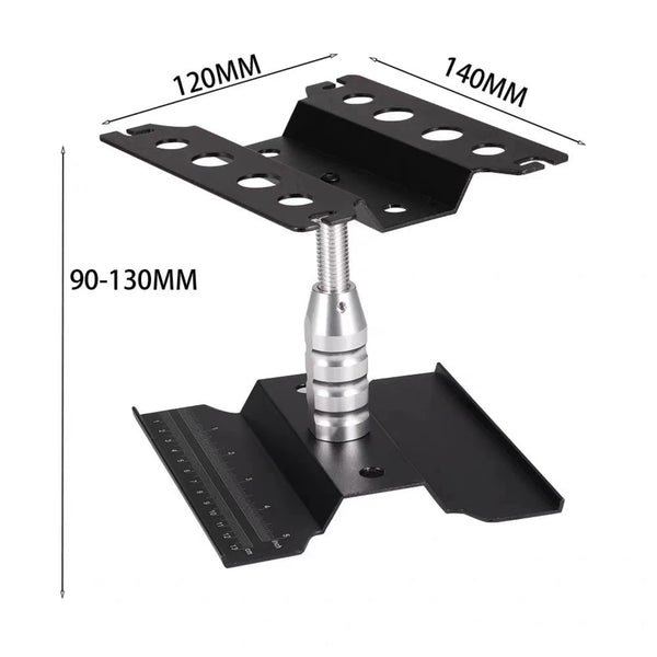 Black adjustable RC repair stand with 120 by 140 mm top platform and 90 to 130 mm height