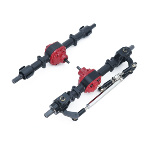 MNRC CNC aluminium front and rear axle upgrade set in black with red differential covers