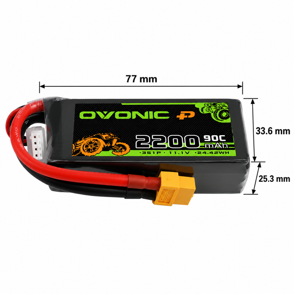 Ovonic 2200mAh battery dimensions: 77 × 33.6 × 25.3 mm