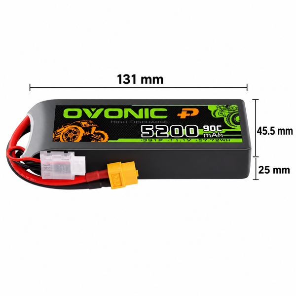 Ovonic 5200mAh battery dimensions: 131 × 45.5 × 25 mm