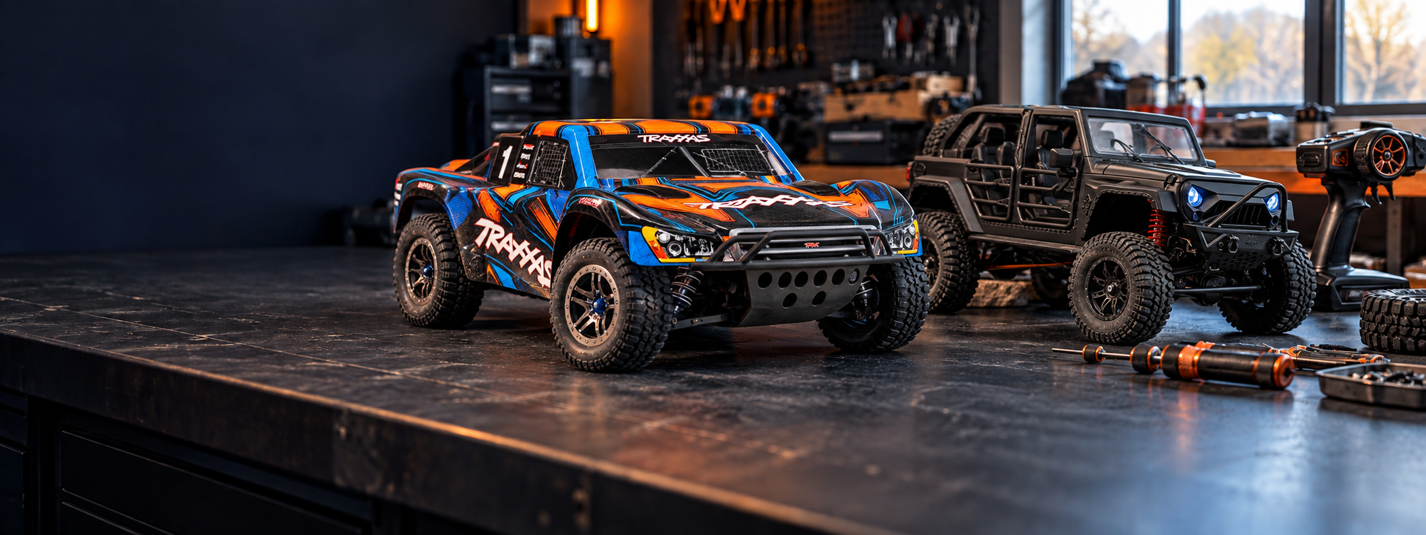 Orange Traxxas Slash Ultimate and black MN128 displayed on an RC workshop bench