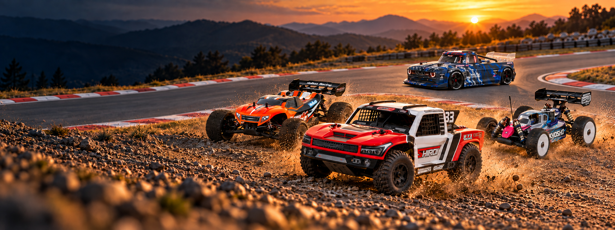 Team Corally Shiroi, HoBao Hyper SSTE and Kyosho MP11 on dirt alongside an ARRMA Infraction on a paved RC track at sunset