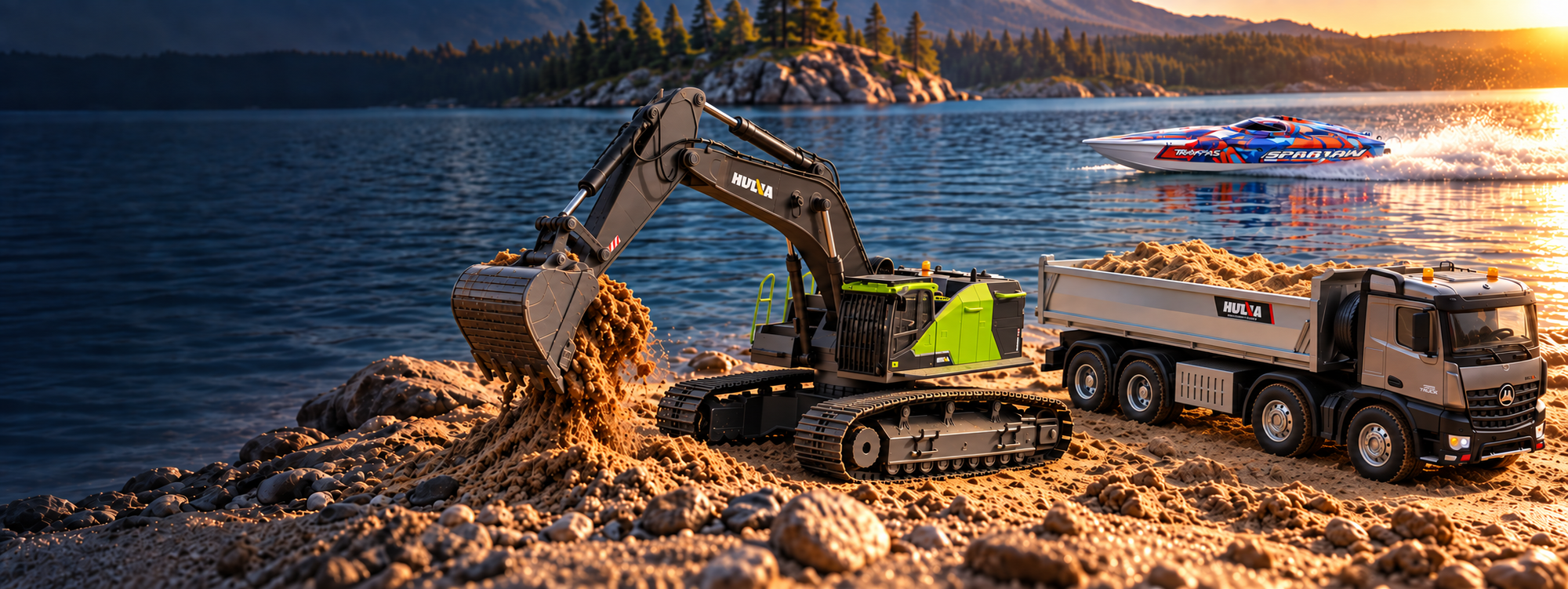 Huina 1593 excavator and grey Huina 1536 Pro dump truck on a lakeshore, with a Traxxas Spartan on the water