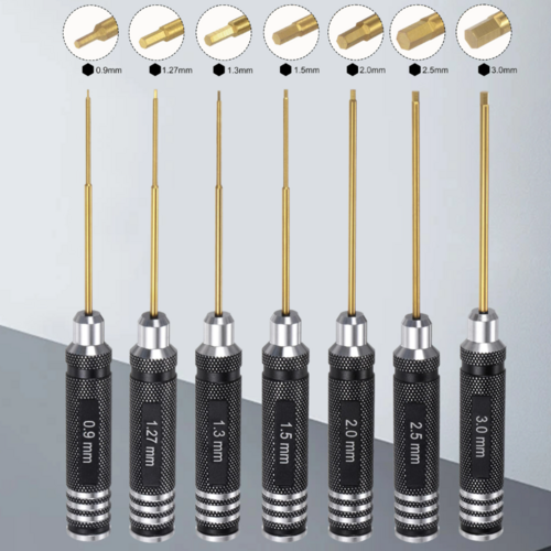 Seven-piece RC hex driver set in 0.9, 1.27, 1.3, 1.5, 2.0, 2.5 and 3.0 mm sizes