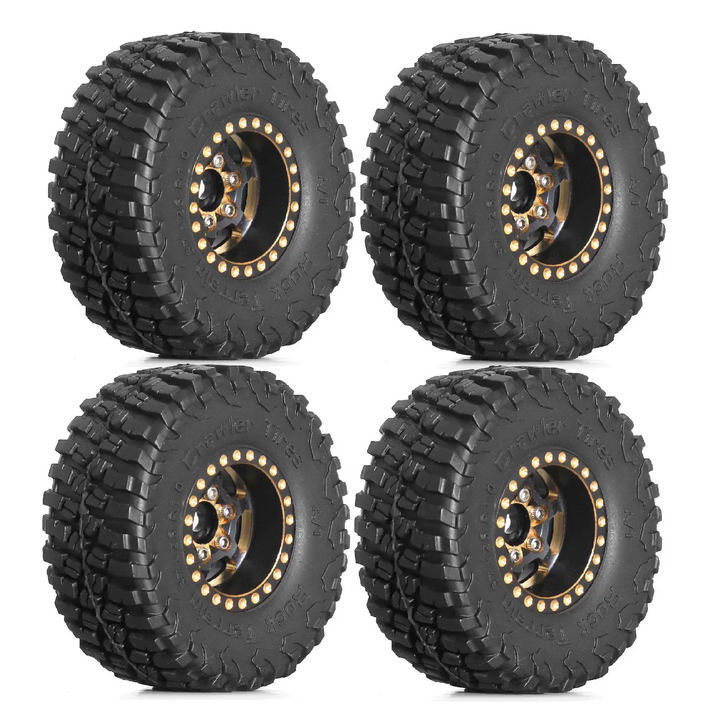 Set of four Design A brass beadlock wheels with Tread B tyres shown assembled; supplied as separate CKD components
