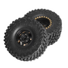Front and rear of Design A brass beadlock wheel with Tread B crawler tyre