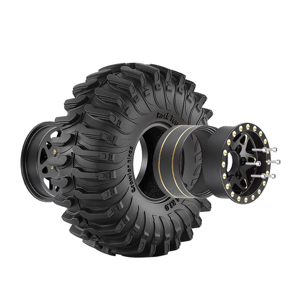 Exploded assembly of Wheel B beadlock components and Tread C tyre