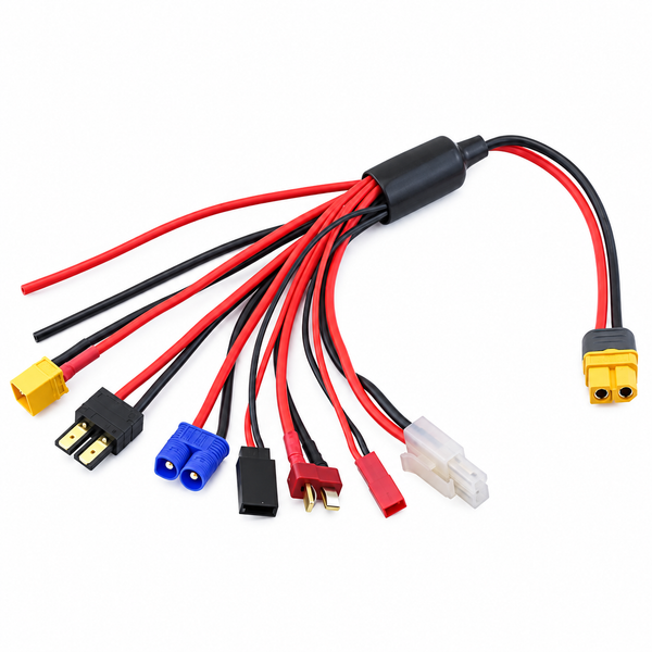 8-in-1 XT60 RC charging adapter with XT60, EC3, Deans, TRX, Tamiya, JST, Futaba and bare-wire branches